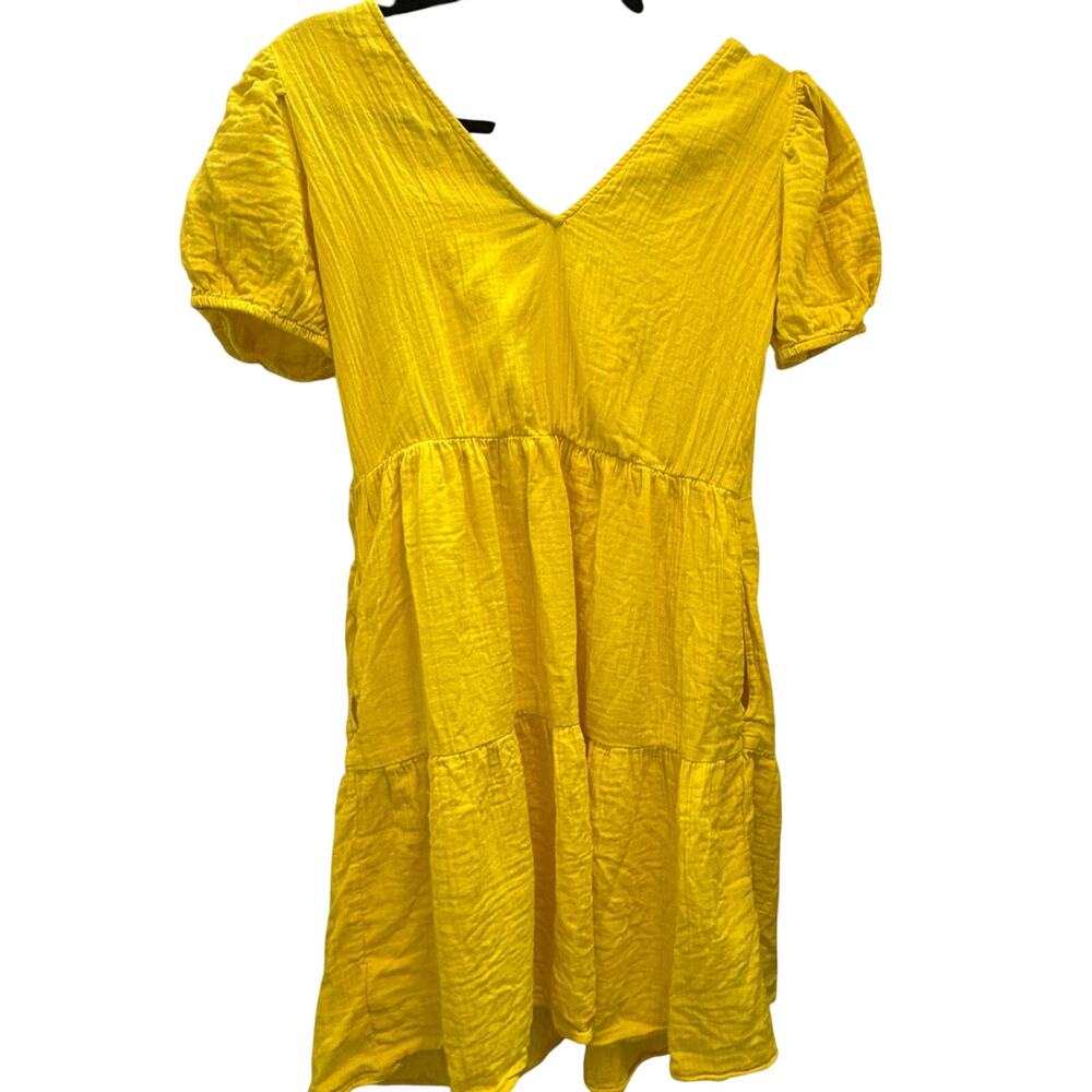 GAP Bright Lemon Yellow Puff Sleeve Tiered Cotton Dress Size S
